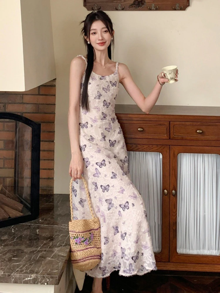 Abiti da donna Dolce stampa in pizzo Cinturino sexy Slim A-Line Abito lungo Elegante Lady Fashion Abiti Robe Casual Vacanza Boho Estate