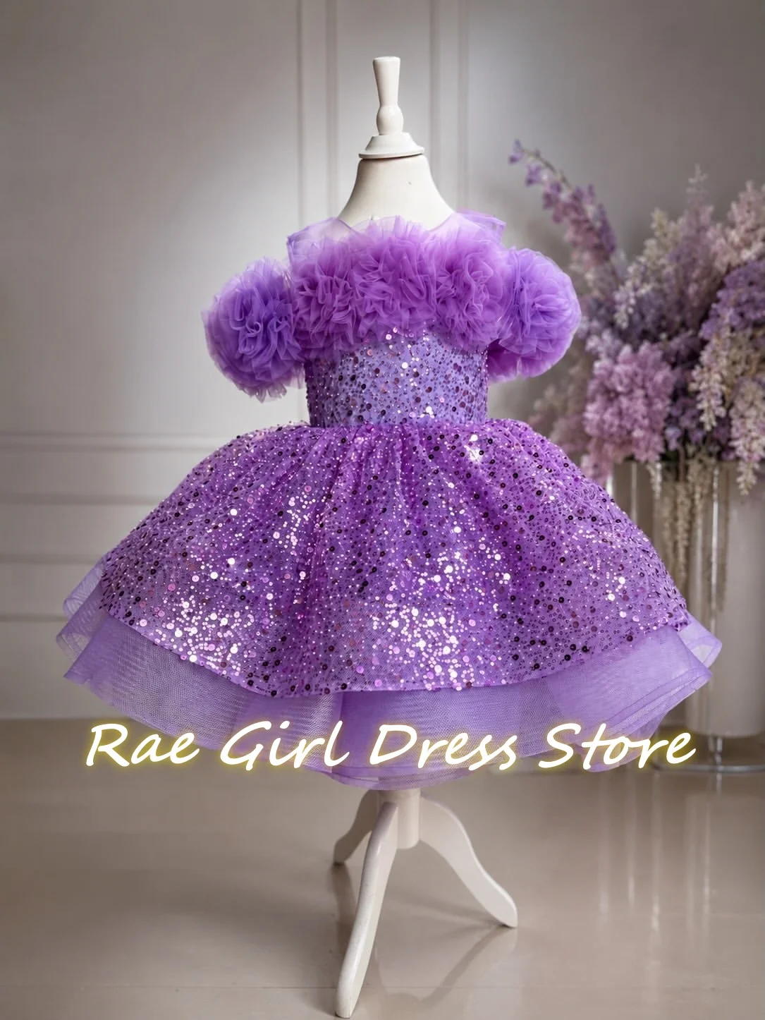 Lavender Glitter Tulle Baby Girl Dress For Birthday Photoshoot Mini Length Off Shoulder  Layer Hem Tutu Skirt Kids Formal Gowns
