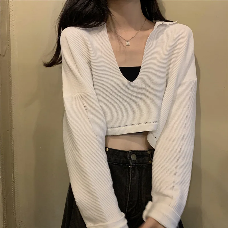 

Elegant V Neck Knit Vest Women Clothes New Autumn Korean Long Sleeve Short Sweater Thin Casual Tops Vest Y2k Harajuku Crop Tops