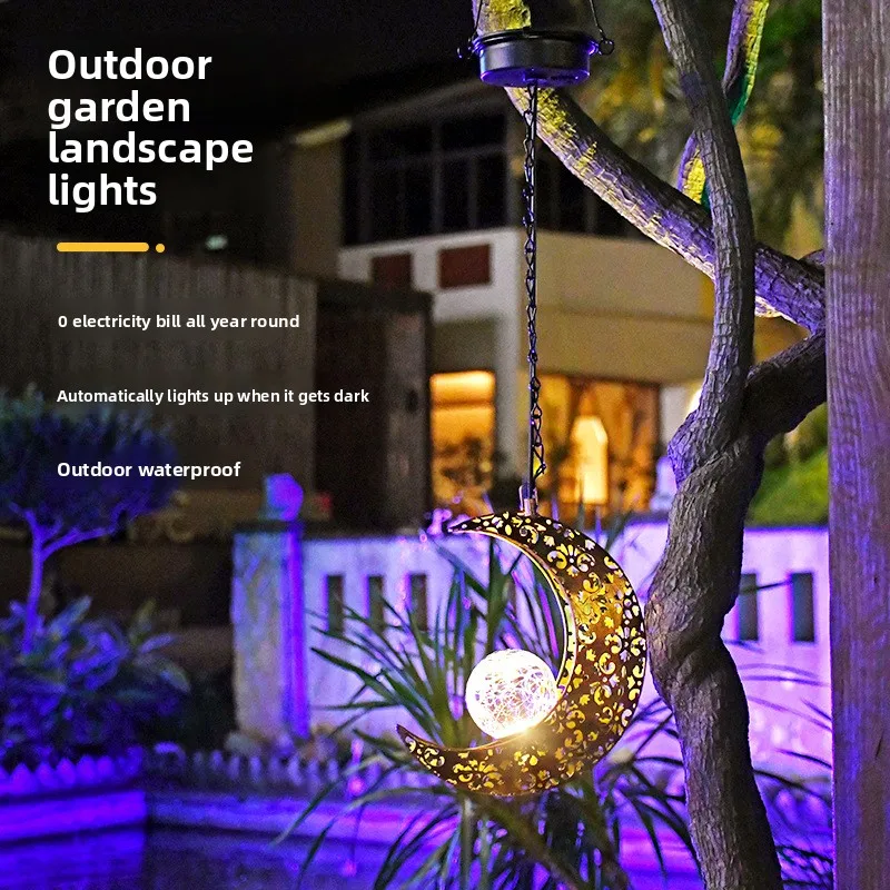 

Waterproof Solar Iron Art Hanging Pendant Light, Hollow Star Moon Projection Lamp Outdoor Garden Decor Ambient Light