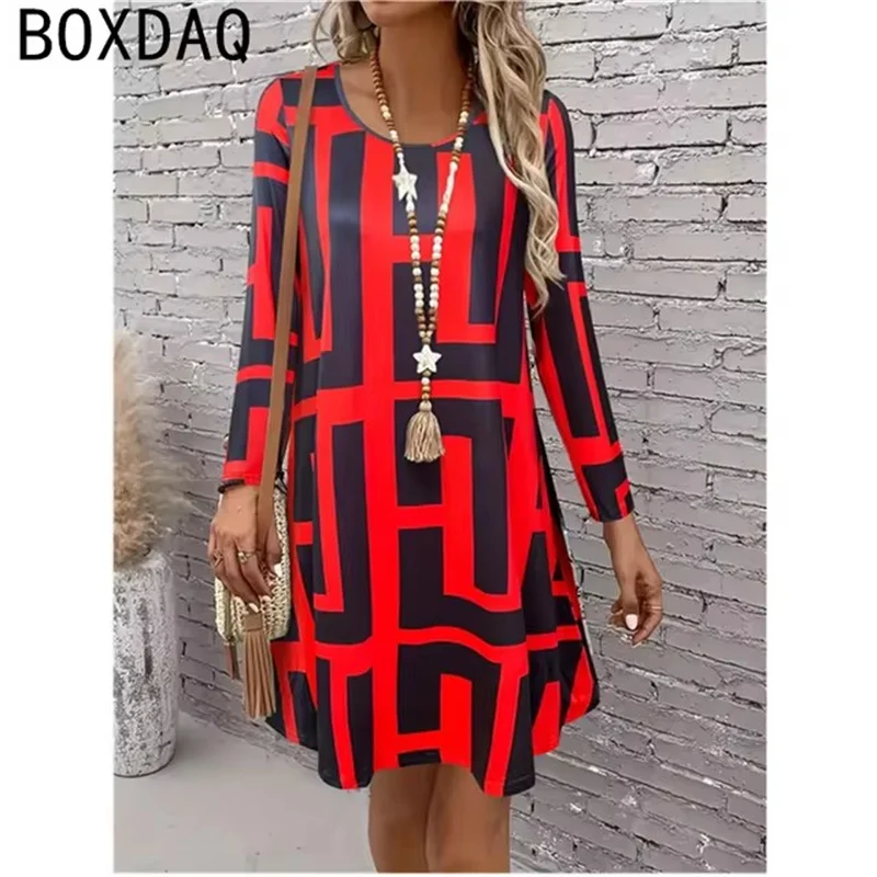 Women Geometric Maze Pattern Print Dress Long Sleeve O-Neck Casual Ladies Dress Female Vintage Elegant A-Line Dress Vestidos