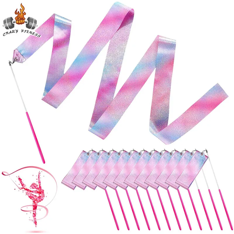 10pcs Flashing Star Gym Ribbons Dance Ribbon Rhythmic Art Gymnastics Ballet Streamer Twirling Rod Rainbow Stick Training 2M/4M