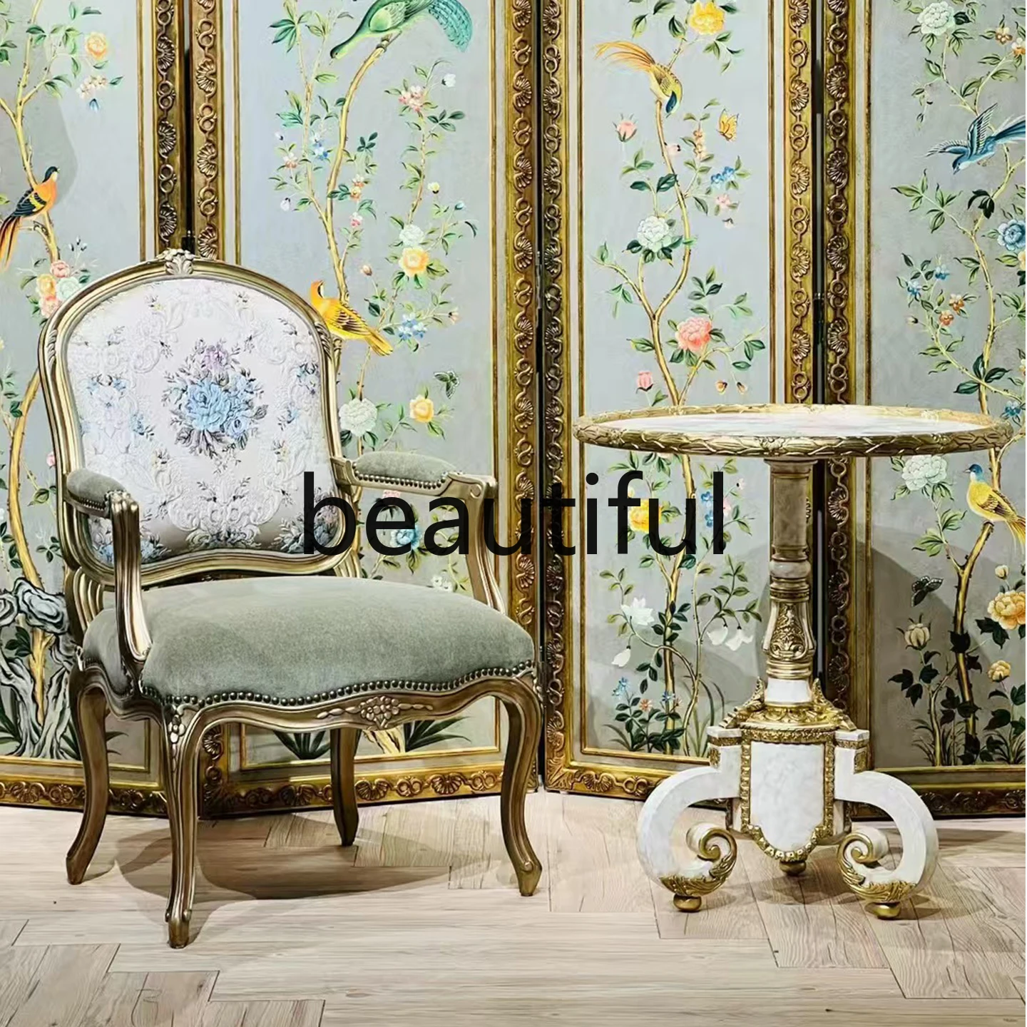 European retro solid wood hand-carved gold paint champagne casual sofa chair