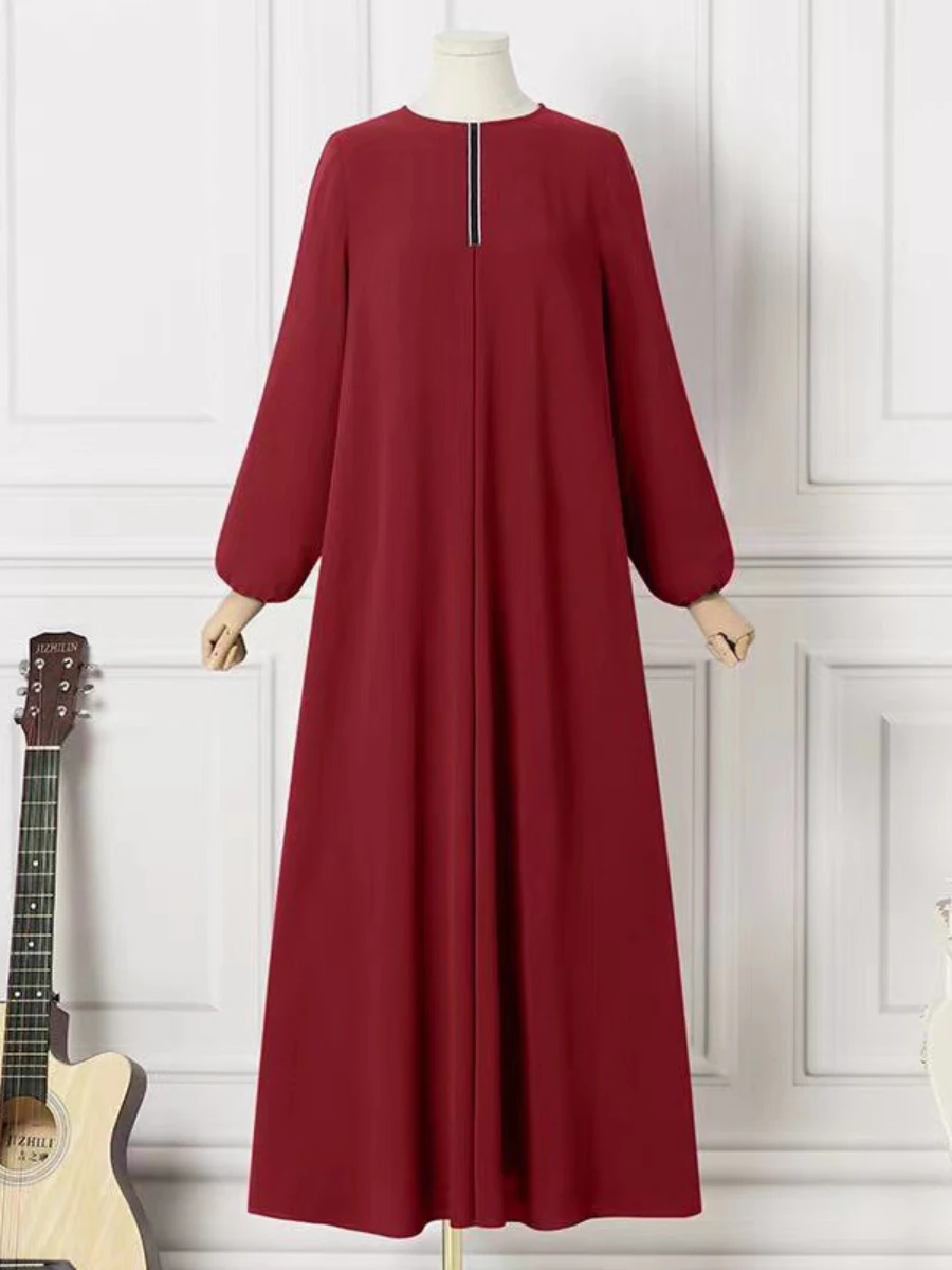 Abaya Muslim Women Clothing Solid Color Robe Long Sleeved Loose Round Neck Dress Vintage Loose Kaftan One Piece Set Gown 2024