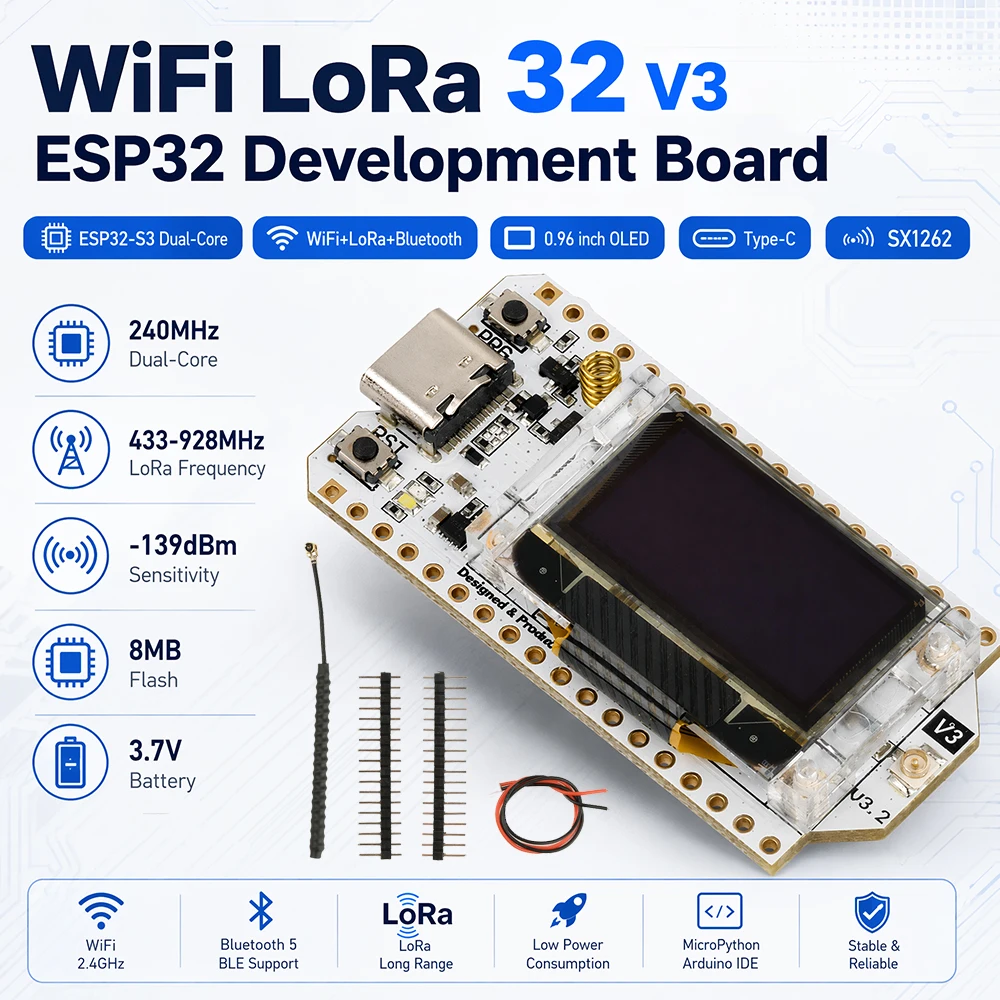 WiFi LoRa 32 V3 ESP32-S3 LoRa Module SX1262 863-928MHz 0.96 Inch CP2102 Type-C USB Bluetooth 5 Low Power IoT Board with Spring Antenna