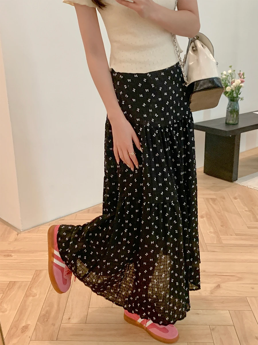 

Uniko Bla Floral Print A-Line Fi Tail Skirt Women's Summer 2024 New Korean Faion High Waist Polyester Midi Skirt