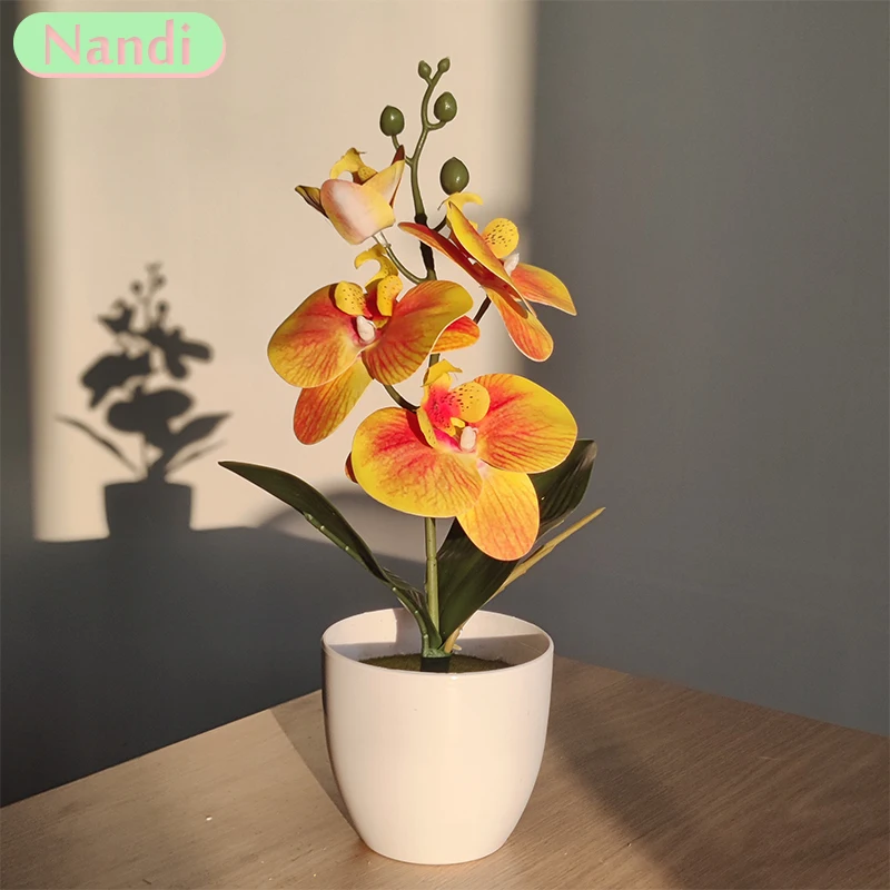 Bonsai Simulated Butterfly Orchid Artificial Potted Plant Desk Dining Table Home Office Vase Wedding Home Room Decoration Gift