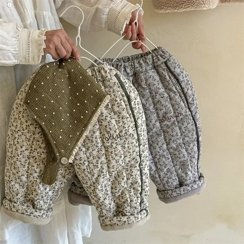 

2025 New Winter Children Printed Embroidery Thicken Pants Korean Style Baby Girls Casual Warm Cotton-padded Trousers