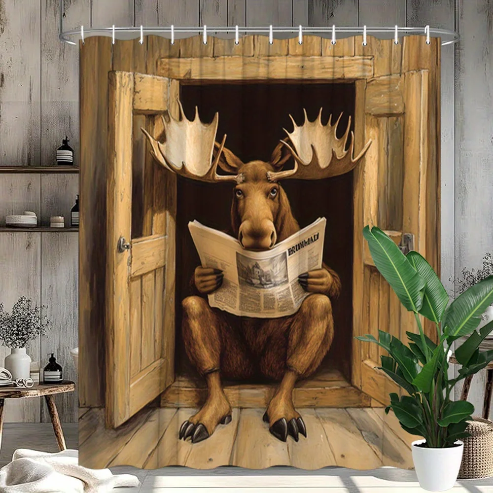 1pc Moose Cabin Shower Curtain - Large Antlers & Rustic Texture Design, Light Brown Fur Wooden Door Frame