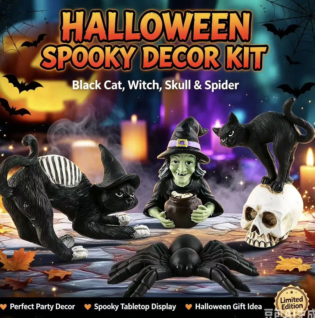 Halloween Spider & Black Cat Figurine Set, Festive Spooky Tabletop Home Decor, Mini Ornament for Desk, Shelf, Mantel, Halloween Parties & Holiday Display