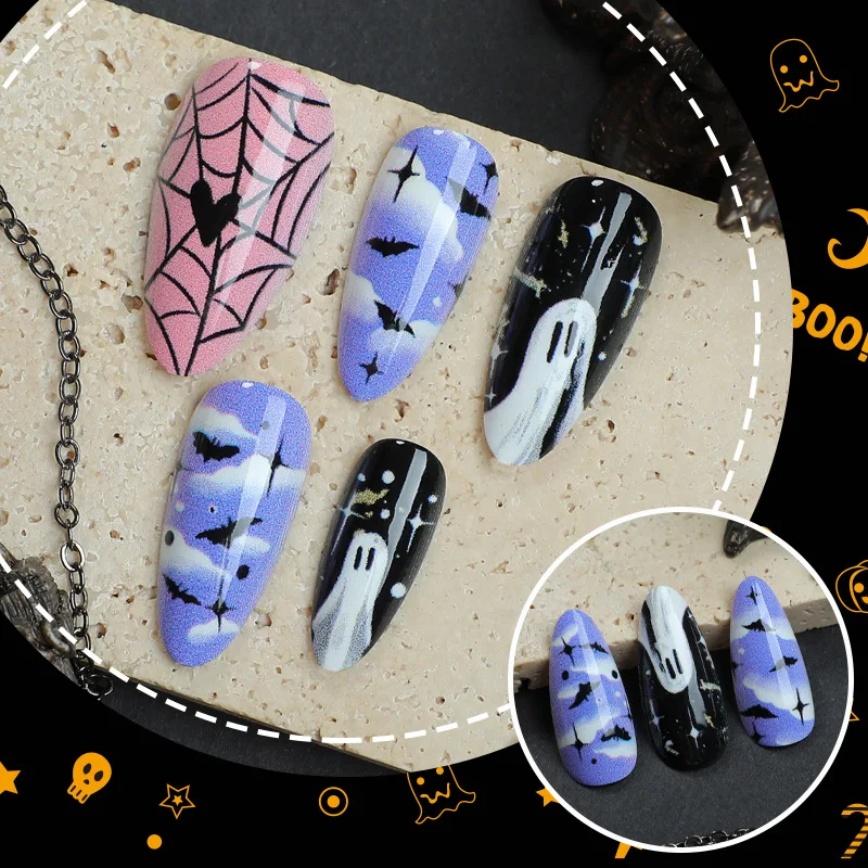 24 pièces Halloween amande faux ongles avec Ins style fantôme conception portable faux ongles avec motif toile d'araignée presse sur les ongles