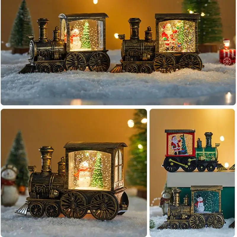 Christmas Train Snow Globe Vintage Train Snowflake Light Winter Holiday Glittering Santa Claus Snowmen Snow Globe Bedside Table