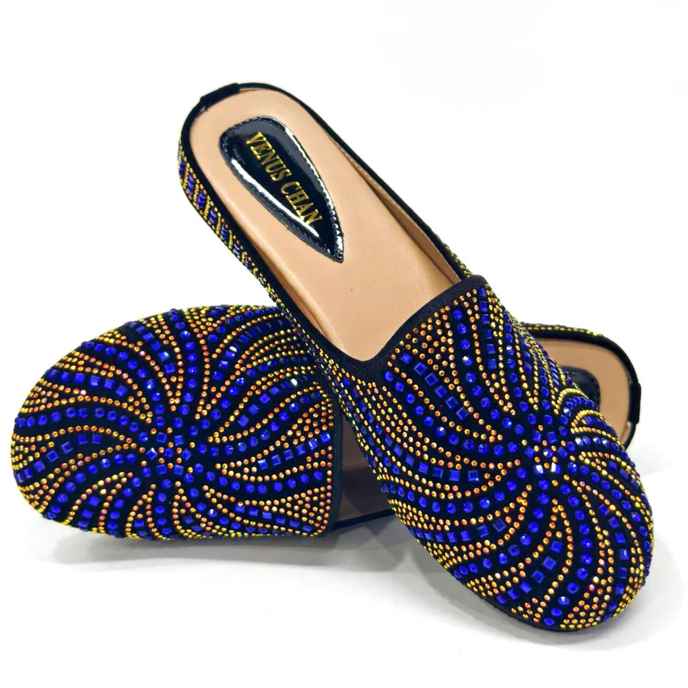 Newest Italian Women's Shoes Decorative Rhinestones Not Show Toe Flat Luxury Women's Shoes Nigeria Women's Party Half Slippers