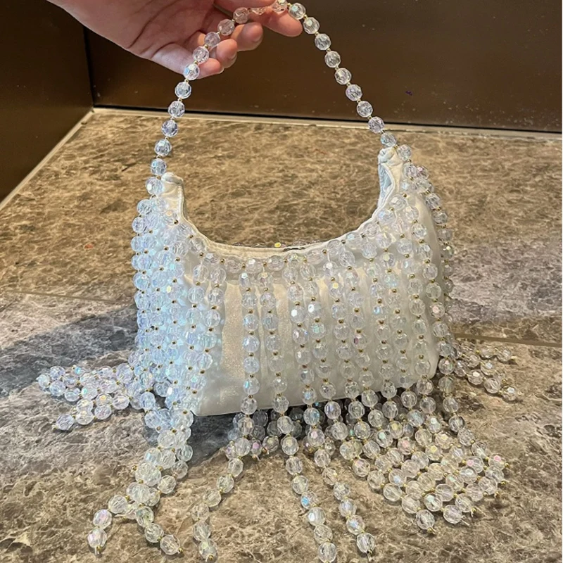 Bolso de lujo de hadas, bolso de cubo tejido Popular con cuentas, bolso cruzado, diseño de bolso de mujer con perlas ahuecadas