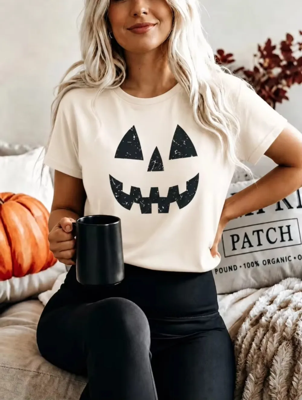 Fashion New Arrival Women Halloween Pumpkin Printed Casual Tee Short Sleeve Crew Neck Autumn Daily Basic Women Funny Stylish Top