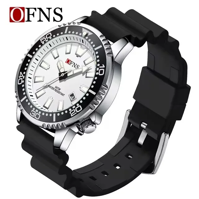 OFNS 8032 Orologio al quarzo da uomo Fashion Cool Black Sport Arancione Verde Calendario Luce notturna Orologio con cinturino in silicone impermeabile