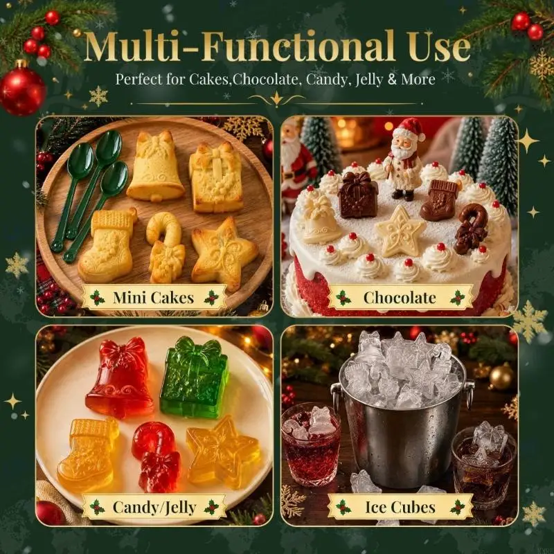 Christmas Baking Tray Set, 3 Flexible Holiday Trays with Character Cavities for Chocolate, Soft Candy, Gelatin Snacks and KXRE