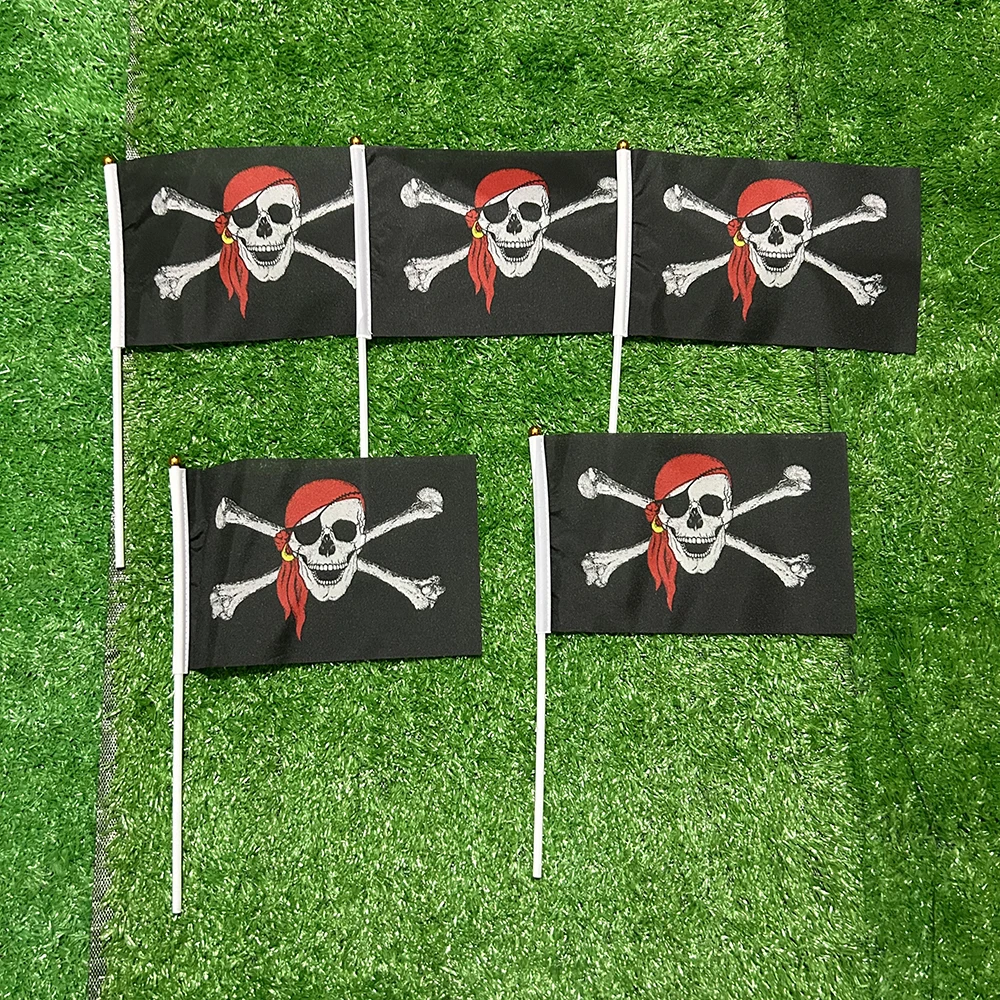 SKY  FLAG Jolly Roger Skull Crossbones Pirate hand Flag 14x21cm 50/100pcs Garden hand waving Banner Flag Party Decoration