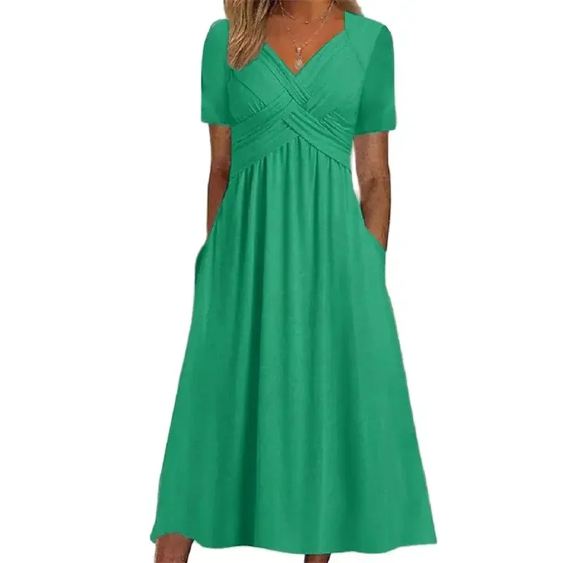 Elegant V Neck Crossover Wrap Bust Dresses Women Solid Color Short Sleeve Dress Summer Female Commuter Side Double Pockets Gown