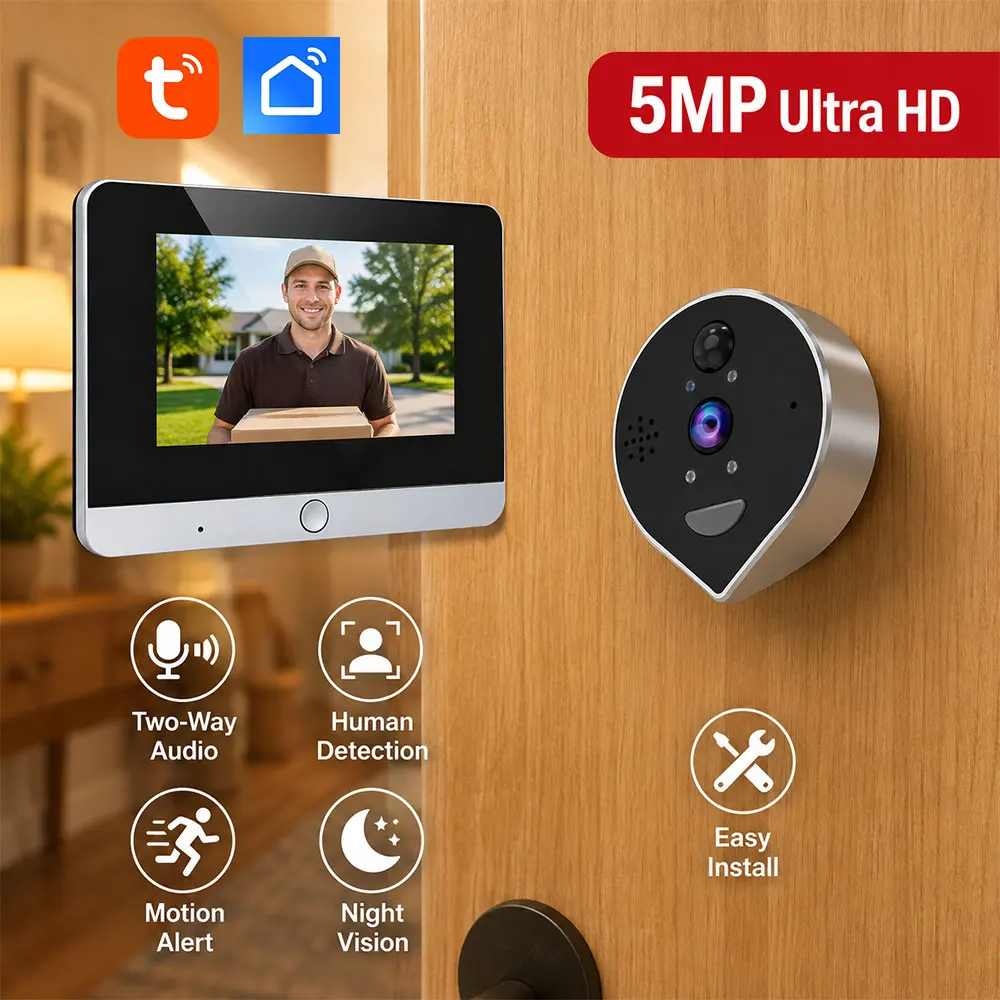Tuya 5MP 4.3 Screen Mini Digital Peephole Viewer WiFi 940NM IR Microwave Radar Motion Detection Door Camera 5000mAh Battery