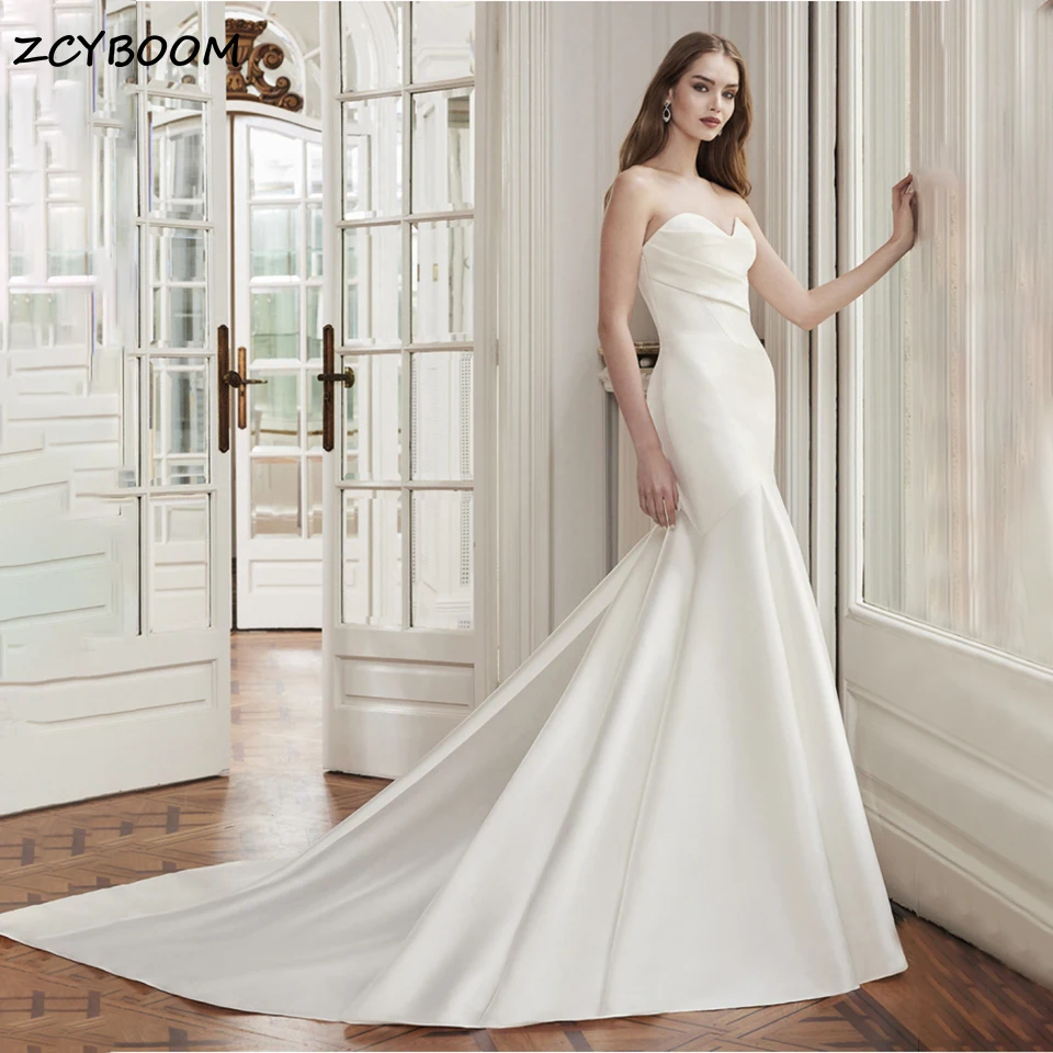 Boho Satin Mermaid Wedding Dresses Pleated Sleeveless Buttons Simple Strapless Long Bride Gowns Sweep Train Vestidos De Novia