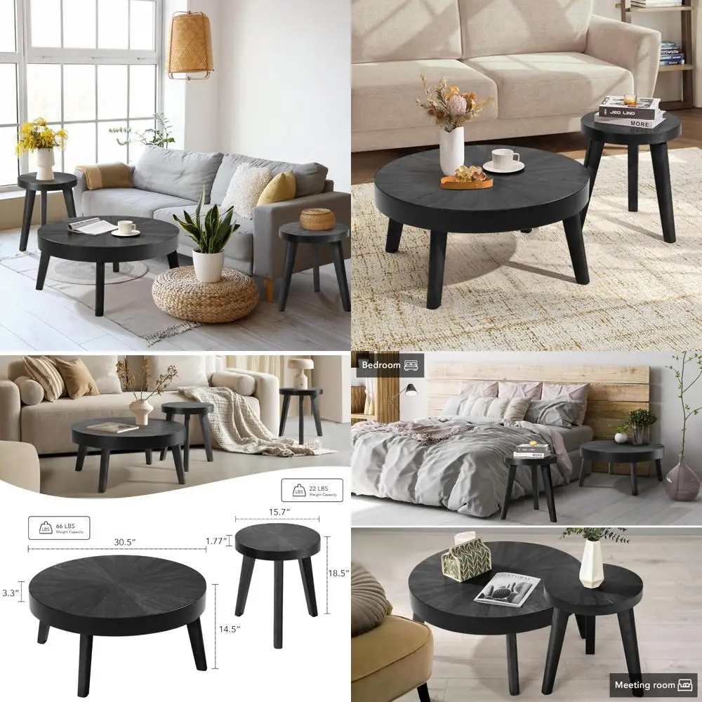 

Set of 3 Farmhouse Style Coffee Tables, Round Nesting Tables with Black Sofa Side Table and Natural Wood Finish for Living Space