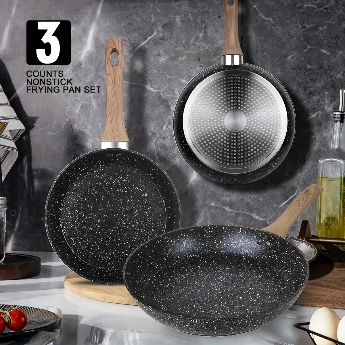

Wooden Handle Chef's Pot Wok Kitchen Pot And Pan 3pcs/Set Of Non-stick Wooden Handle Frying Pan Chef's Pot Wok, Multi Size Breakfast Pan, Suitable for Party, Christmas, Thanksgiving, Holiday Dinner, All Kinds Of Stoves Universal (black)