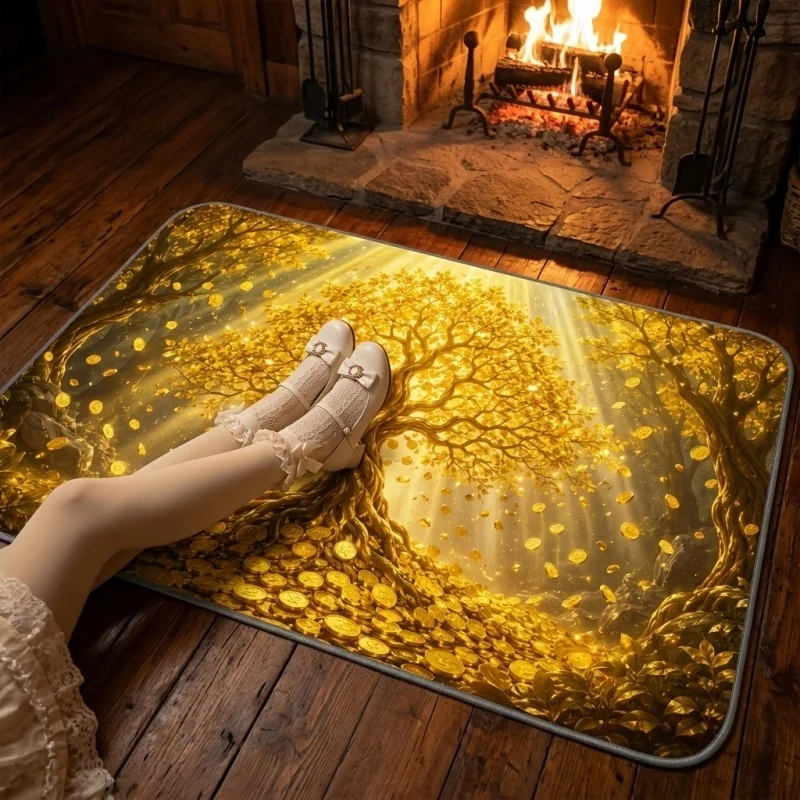 Newest Golden Dragon Phoenix Lotus Doormat, Luxury Gold Elephant Pattern Entrance Rug for Indoor Front Door Home Decor