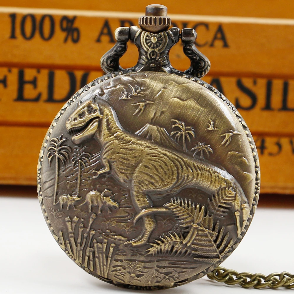 Creative Bronze Dinosaur 3D Carved Quartz Pocket Watch Boy Gift Souvenir Unique Unisex Fob Clock