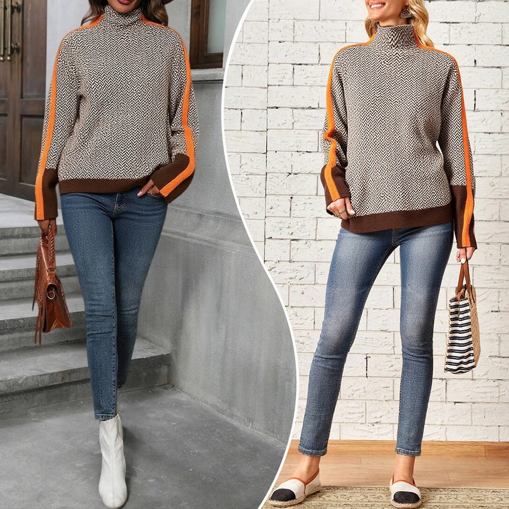 سترة ميا موسى النسائية المرقعة 2025 مريحة وأنيقة بنمط houndstooth وكتلة ألوان متباينة وأكمام طويلة بلوفر فضفاض بياقة مدورة