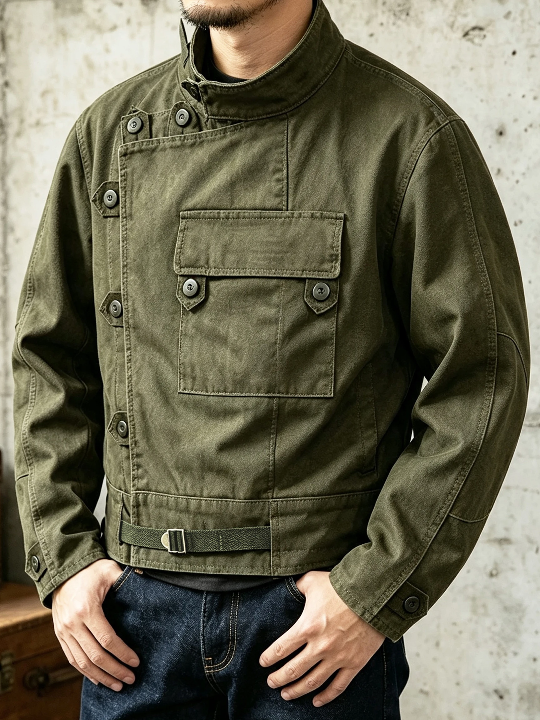 Swedish Motorcycle Jacket, Men's Retro Military Green Casual Cropped Jacket, 100% Cotton Canvas Workwear Asymmetric Safari Style