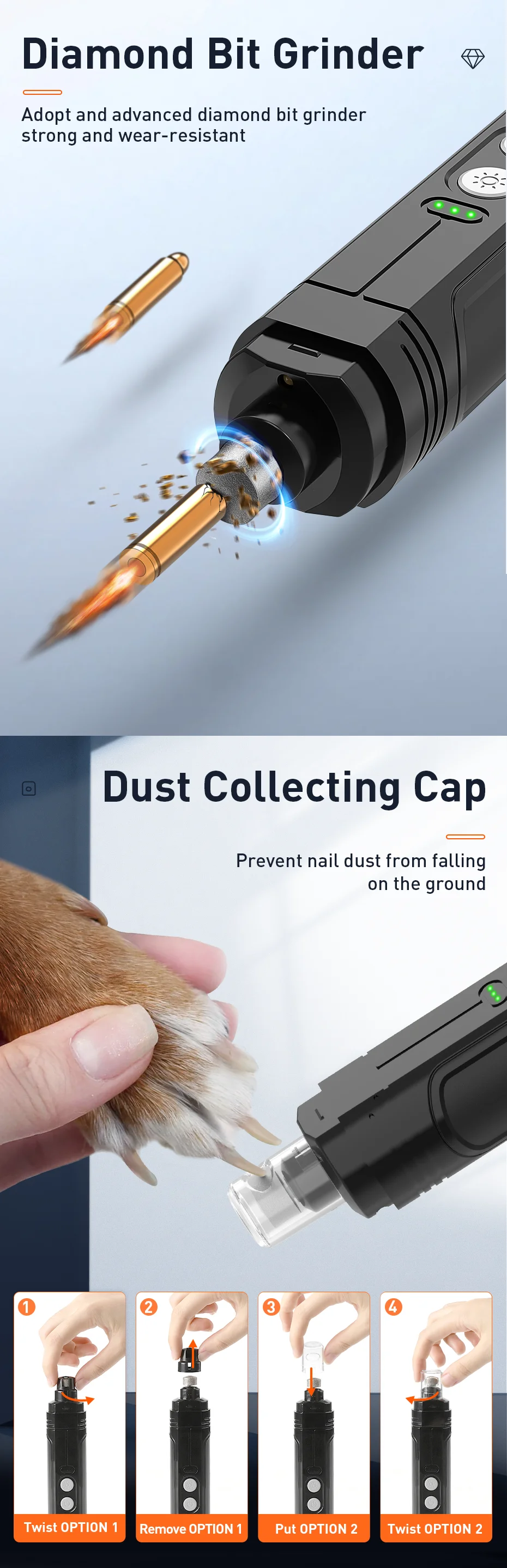 ROJECO P3 Elektrischer Nagelschleifer für Haustiere, professioneller Nagelknipser für Hunde + 2 LED-Licht, wiederaufladbares Nagelpflegezubehör für Katzenklauen – Detail 4