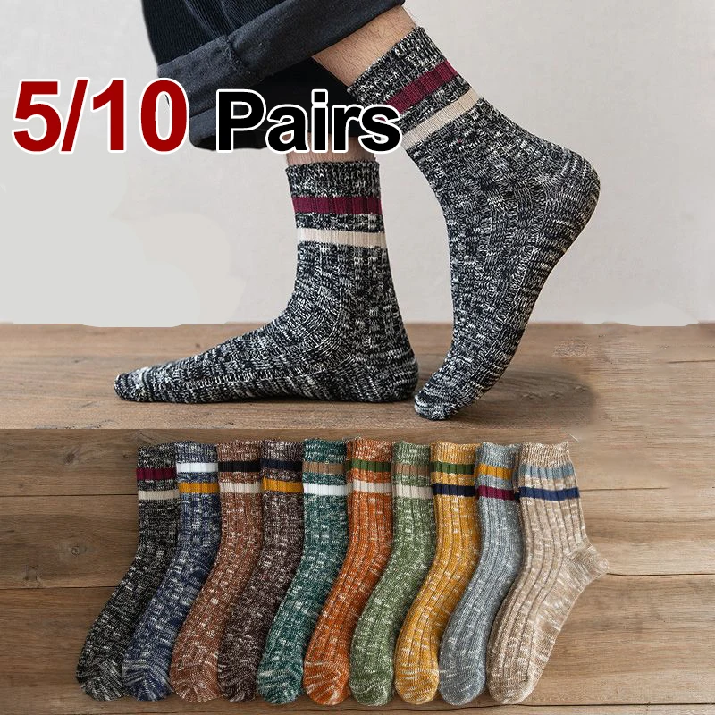 5/10 Pairs Men Women Autumn Winter Retro Stripe Thick Mid Tube Socks Warmth Comfort Fashion Ethnic Style Sports Casual Socks