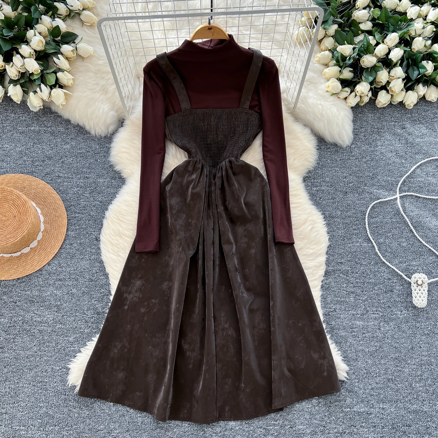 Women Two-Piece Sets Vintage Half High Collar Top Long Sleeve Top and PU Leather Straps Dress Korean High Street Autumn Clothing