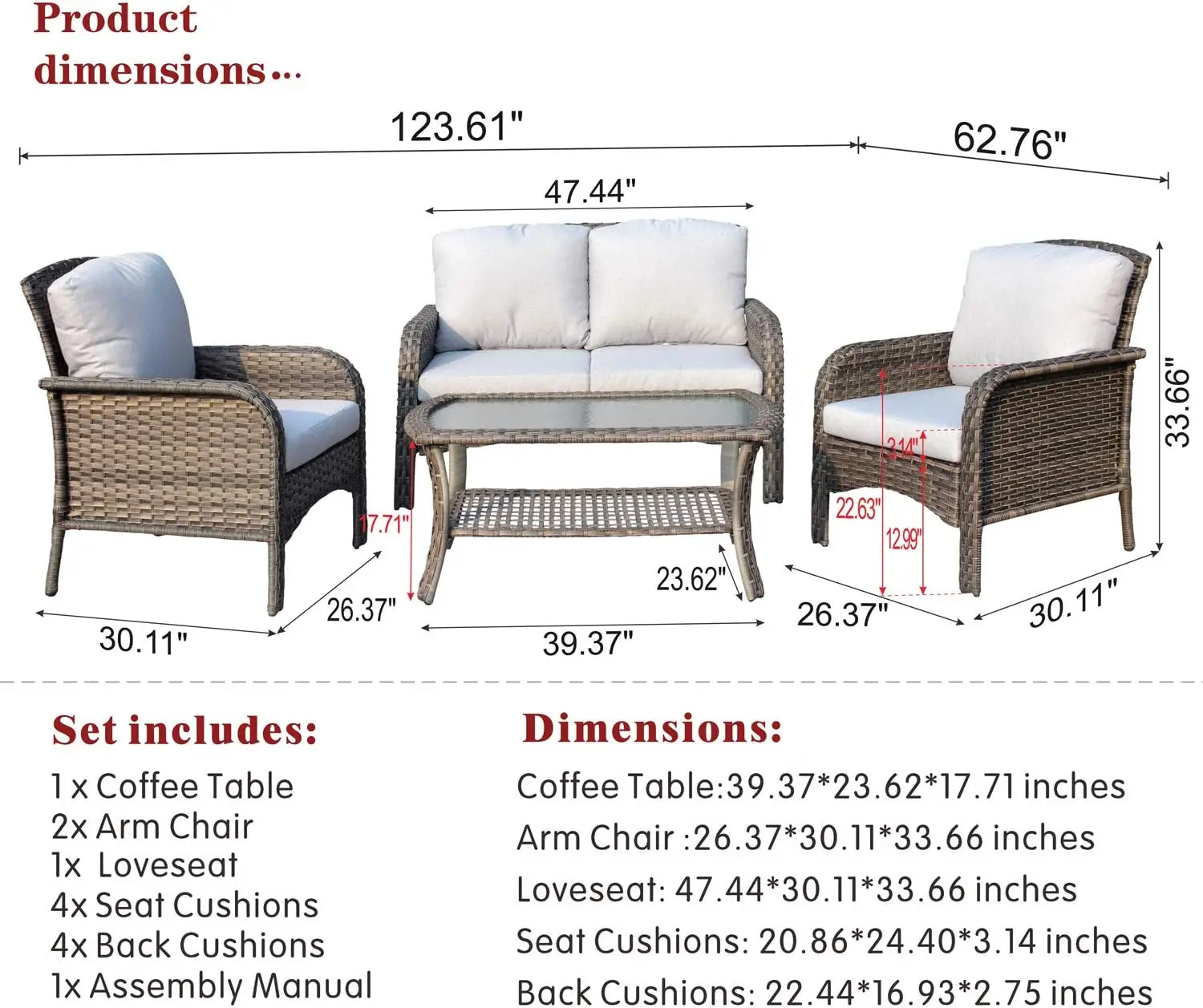 High Back Outdoor Patio Móveis Set, Sofá Set com mesa de café, All Weather Wicker, Rattan Sofá para Quintal Deck e varanda, 4 PCs
