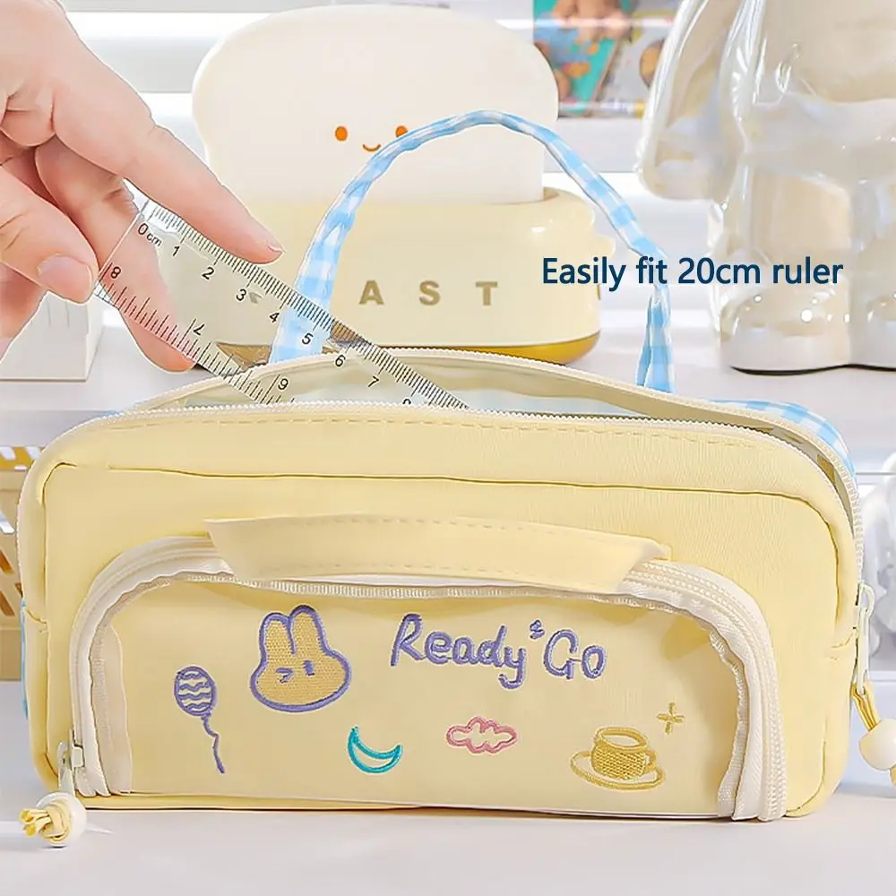 Creative Cartoon Pencil Case Portable Embroidery Handheld Stationery Organizer Double Sided Pattern Handbag