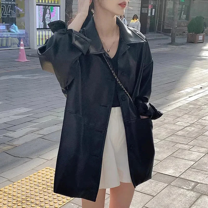 Chaquetas de cuero PU negro para mujer, abrigos Punk Harajuku de manga larga con cuello vuelto, ropa de calle informal coreana, novedad de 2024