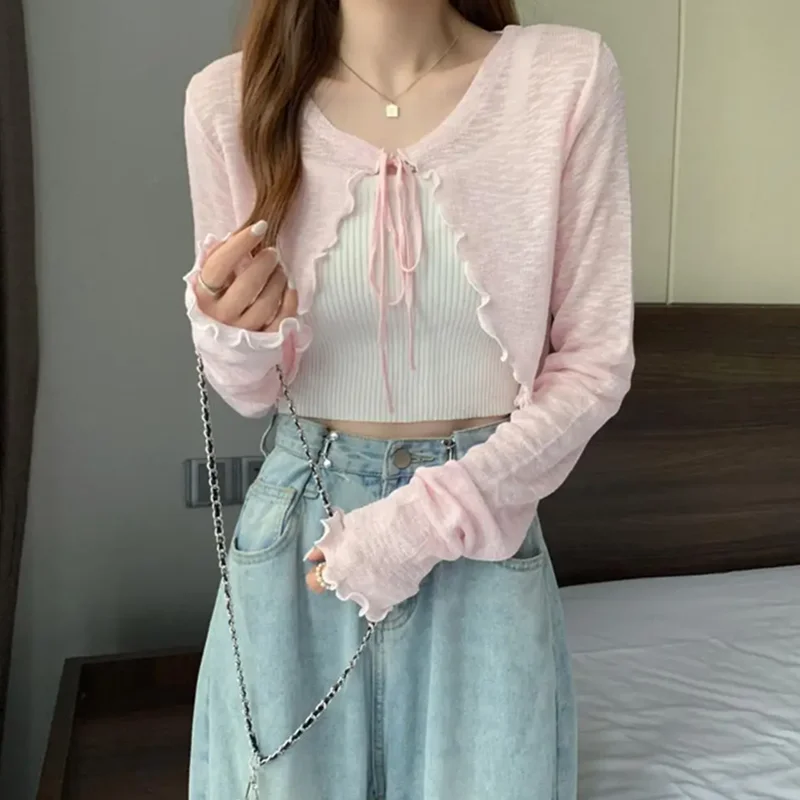 New Summer Women Thin Outerwear Sun Protection Cardigan Ice Silk Knit Tops Bow Lace Up Short Suspender Skirt Shawl Airable Shirt