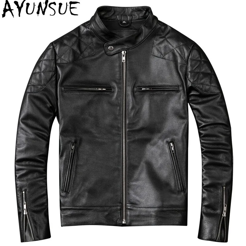 

AYUNSUE 2026 New First Layer Cowhide Genuine Leather Jacket Men Short Slim Fit Stand Collar Real Leather Coat Motorcycle Jackets