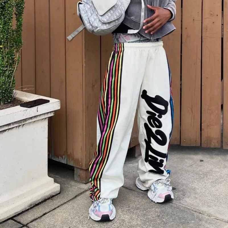 High Street Fashion Colorful Striped Letter Print Oversized Casual Pants Men Y2k Harajuku Retro Gothic Rock Straight Pants Women