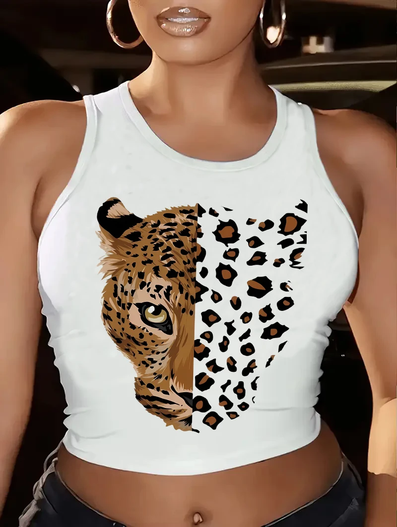 Y2k موضة 90s ليوبارد النمر طباعة اقتصاص المرأة أكمام تانك القمم سترة أنيقة المحاصيل الأعلى المحملة قميص غير رسمي #1