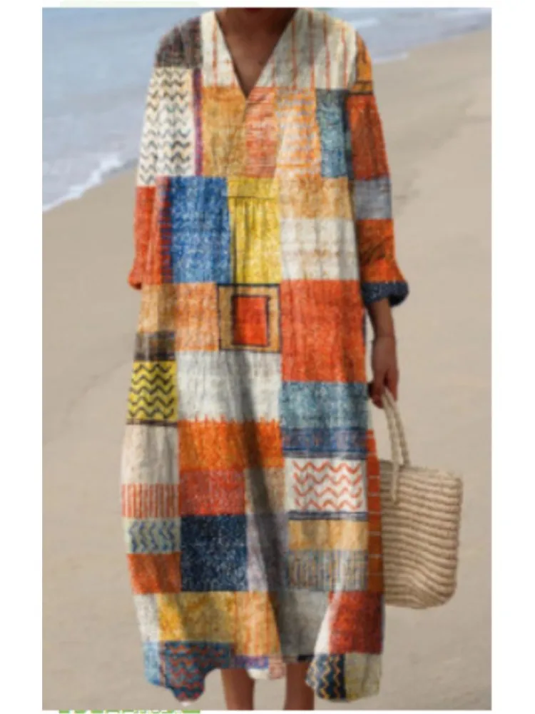 Women's Fashion Print Dress Casual V Neck Long Sleeve Loose Pullover Dresses For Women Boho Holiday Skirts Womens Clothing New