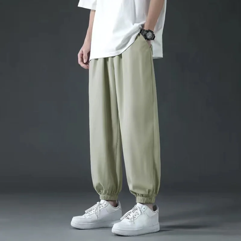 Summer New Thin Ice Silk Stretch Men's Pants Casual Elastic Waist Smooth Trouser Pants Breathable Drawstring Male Sweatpants