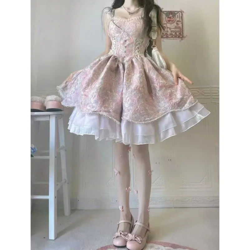 New Japanese Lolita Women Evening Party Clothing Birthdays Cosplay Dress Kawaii Short Sleeve Lace-up 2000s American 2025 Vintage