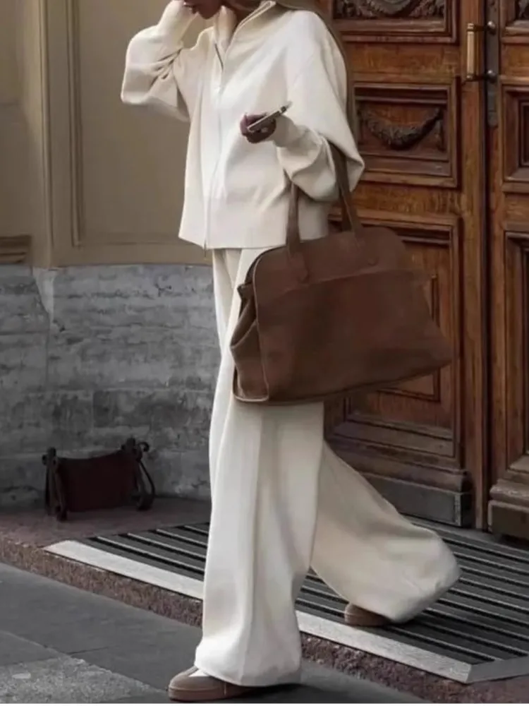 Moda feminina de manga comprida com zíper camisola cardigan calças esportivas de perna larga conjunto de duas peças outono e inverno conjuntos de calças casuais