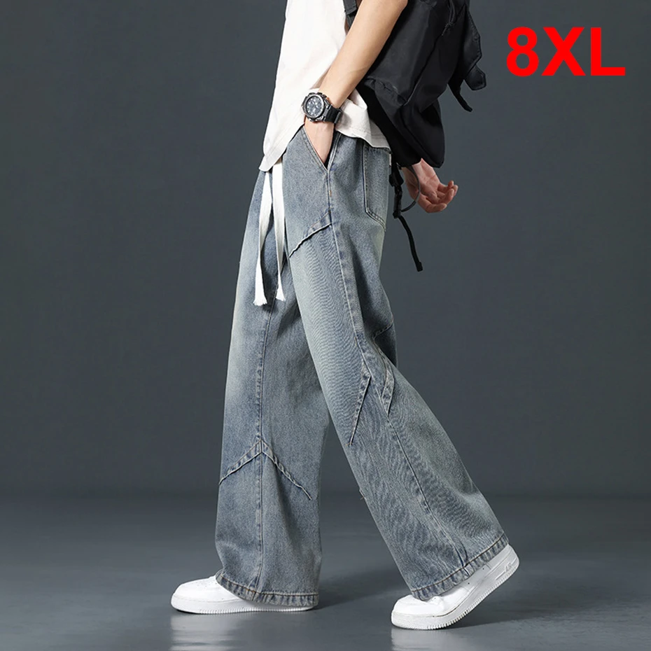 

Vintage Jeans Men Plus Size 8XL Denim Pant Harajuku Fashion Casual Straight Pants Male Elastic Waist Jeans Big Size 8XL