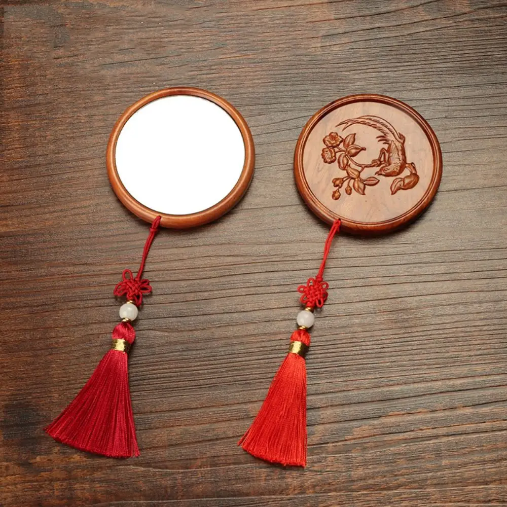 with Tassels Makeup Mirror Mini Sandalwood Vanity Mirror Plum Blossom Chinese Ancient Style Cosmetic Mirror Makeup Tool