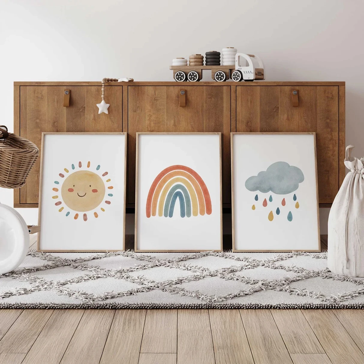 3 Stück Cartoon-Sonnen-Regenbogen-Wolken-Wandkunstdrucke auf Leinwand, Poster, Bilder für Wohnzimmer, Schlafzimmer, Kinderzimmer, Heimdekoration