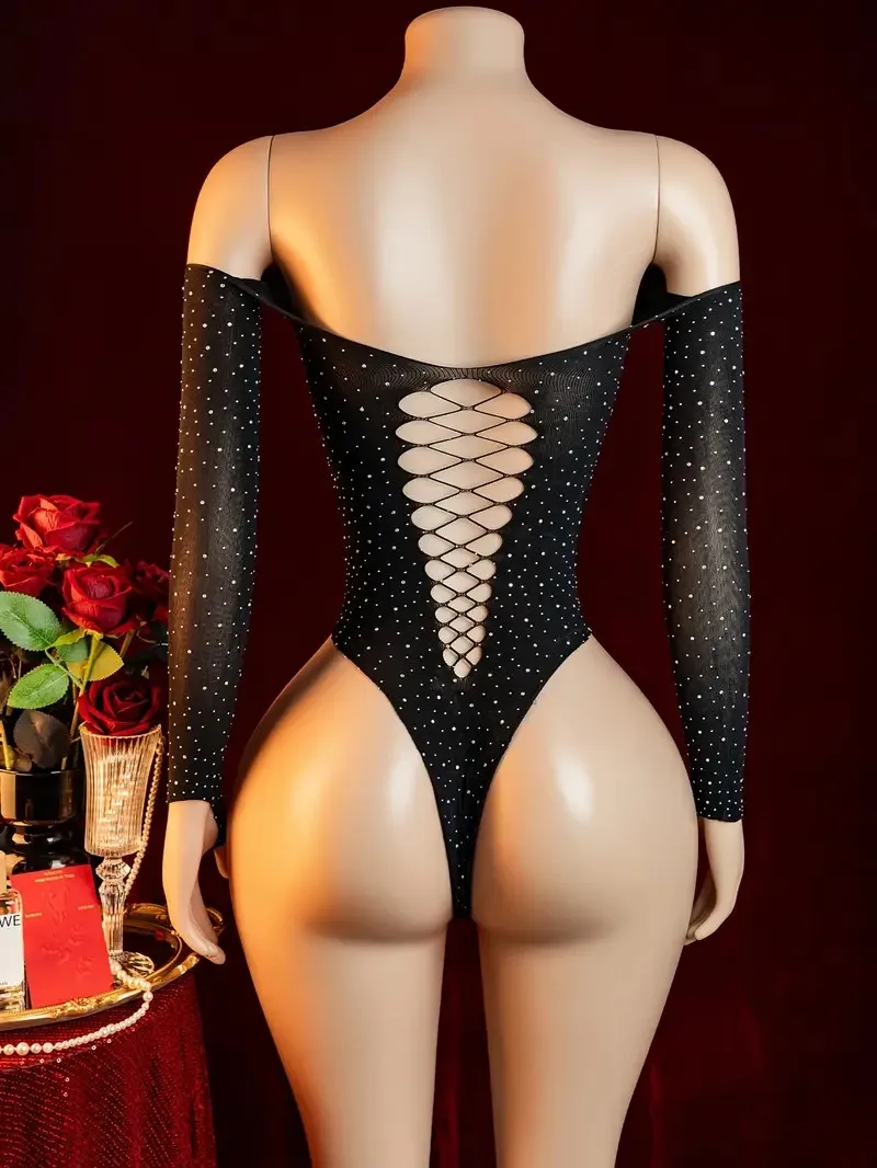 2026 Latest One Piece Off Shoulder Sexy Lace Mesh Transparent Jumpsuit Women's High Waist Elastic Long Sleeve Underwear Set image 3