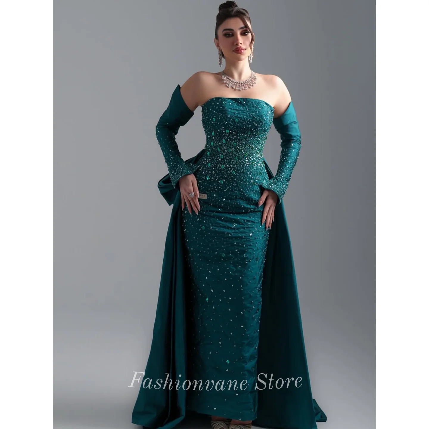 

Gorgeous Strapless Prom Dresses Woman Green Sequins Beaded Evening Party Gown Cocktail Occasion Vestidos Para Mujer Customized